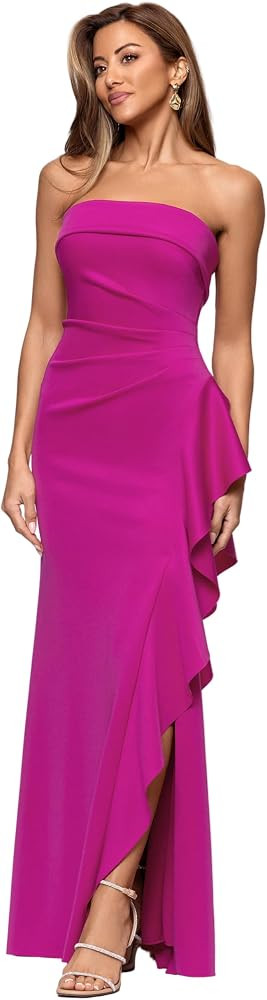 Xscape Women's Scuba Crepe Strapless Ruffle Slit Floor Length Dress (Petite) | Amazon (US)