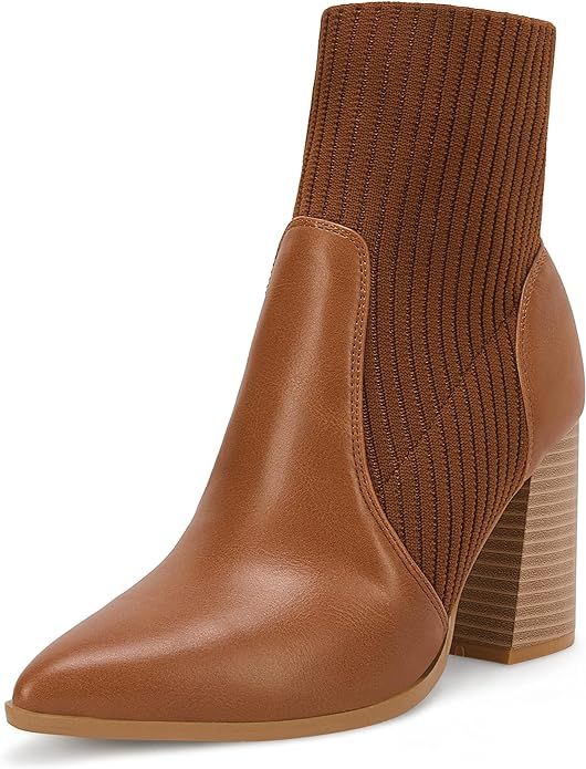 Ermonn Womens Pointed Toe High Heels Ankle Boots Zipper Block Chunky Heel Knit Elastic Fall Winter D | Amazon (US)