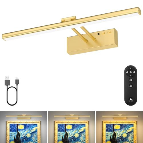 15.35inch Picture Light, Rechargeable Battery Wall Light for Paintings, 3 Colors Paintings Light Dimmable and Timer Metal Art Light for Display, Wall, Artwork, Gallery (Gold) | Amazon (US)