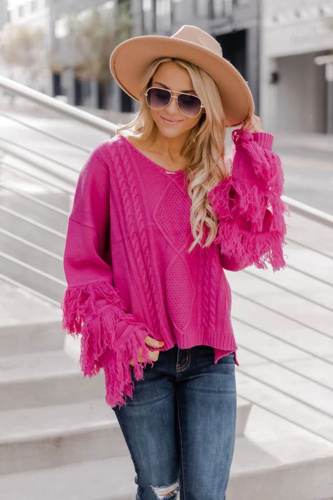 By The Firelight Magenta Fringe Sweater | The Pink Lily Boutique