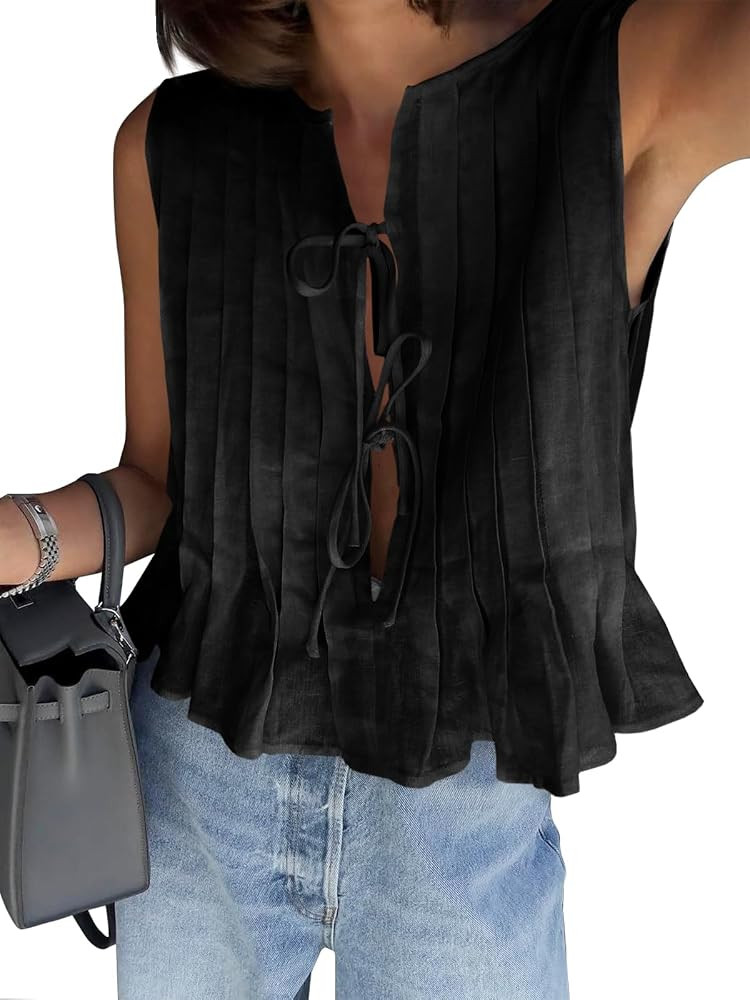 Cicy Bell Womens Bow Front Tie Tank Tops Pleated Babydoll Top Sleeveless Cute Coquette Shirt Summ... | Amazon (US)