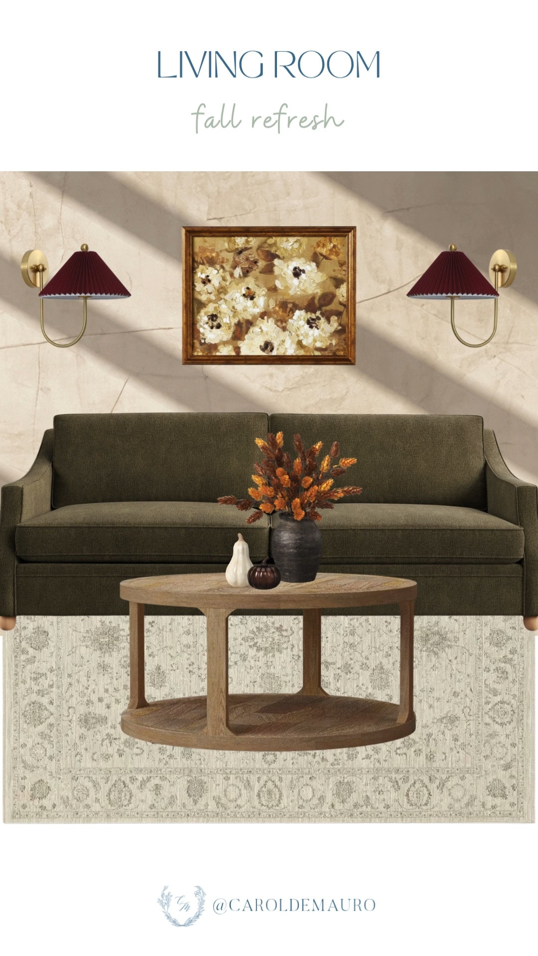Such a cozy little refresh for the living room! The olive sofa paired with burgundy sconces makes the whole space feel warm and layered for fall.

fall styling, wall sconces, coffee table styling, fall florals, olive sofa, home decor inspo, living room ideas, target home

#LTKHome