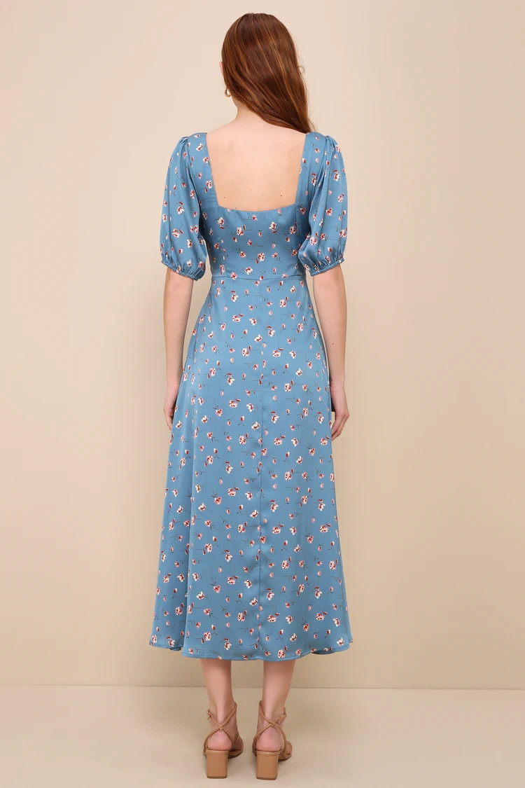 Gorgeous Days Blue Floral Satin Puff Sleeve Midi Dress | Lulus