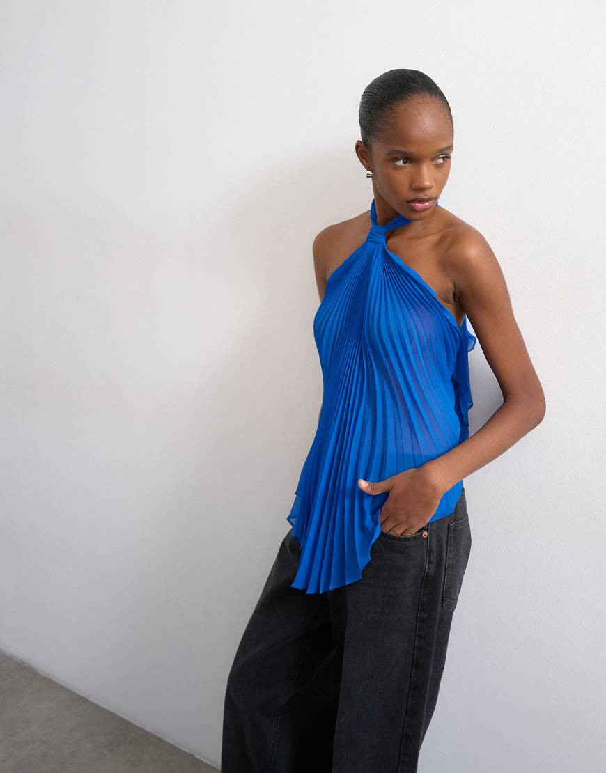 Topshop knot halter top with pleated fabric in cobalt blue | ASOS (Global)