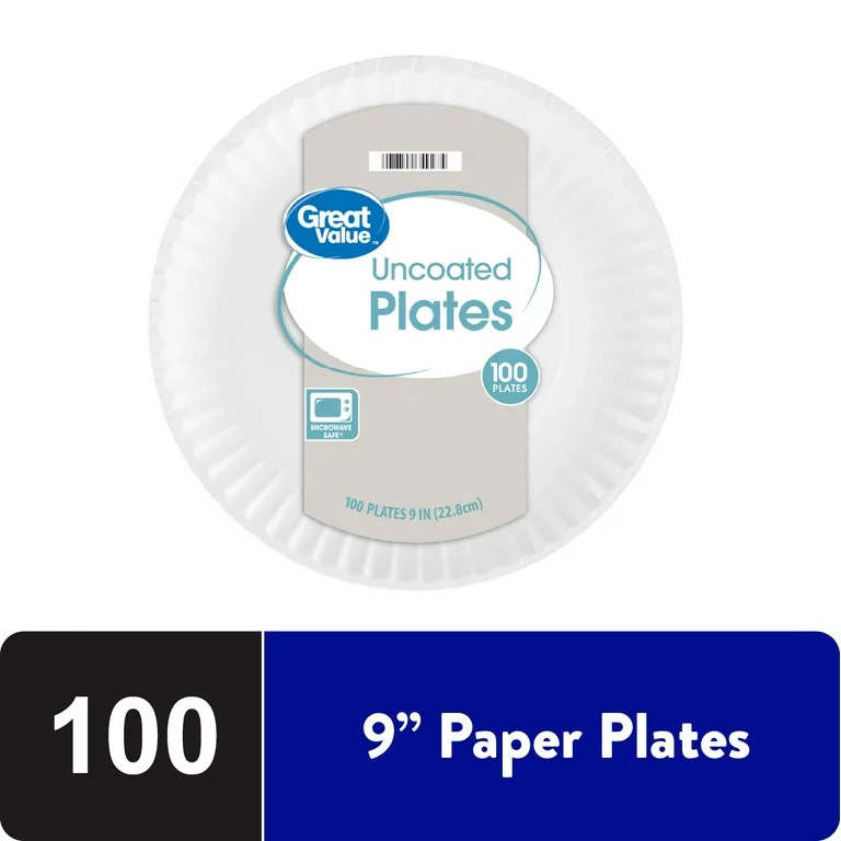 Great Value Uncoated Disposable Paper Plates, 9", 100 Count | Walmart (US)