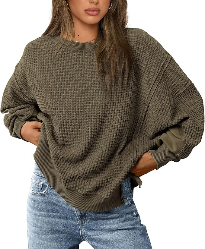 PRETTYGARDEN Women's 2024 Fall Oversized Crewneck Sweatshirts Casual Long Sleeve Pullover Waffle ... | Amazon (US)