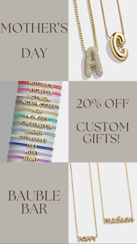 BaubleBar has 20% off all customized jewelry for Mother’s Day! They have some really cute pieces that would be perfect for Mom! 

#LTKstyletip #LTKfindsunder100 #LTKGiftGuide