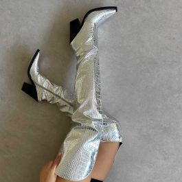 Gianni Silver Metallic Faux Croc Thigh High Western Boots | Simmi Shoes
