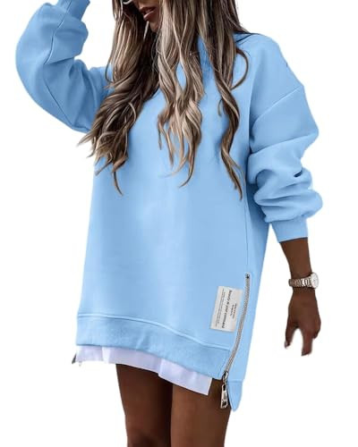 CHICME Womens Lightweight Sweatshirt Long Sleeve Pullover Tops Zipper Slit Drop Shoulder Casual Tops Sky Blue-XL | Amazon (US)