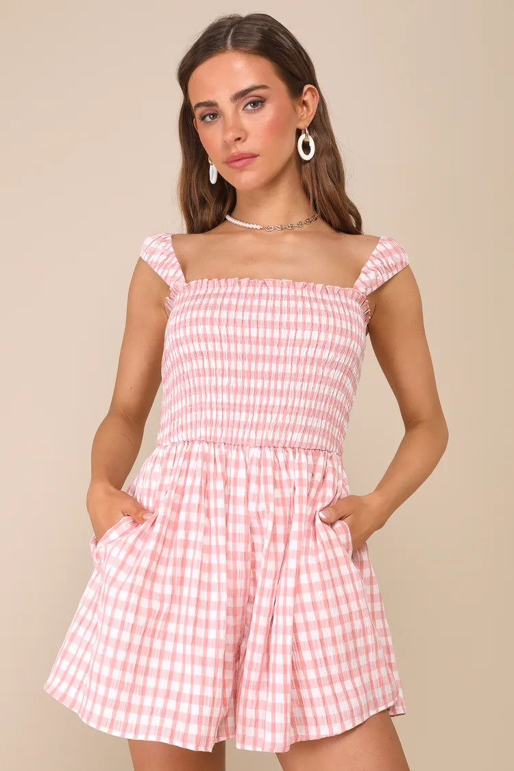 Adorable Girly Ivory and Pink Gingham Smocked Sleeveless Romper | Lulus