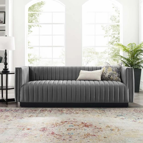 Modway Conjure Channel Tufted Velvet Sofa in Gray - Walmart.com | Walmart (US)