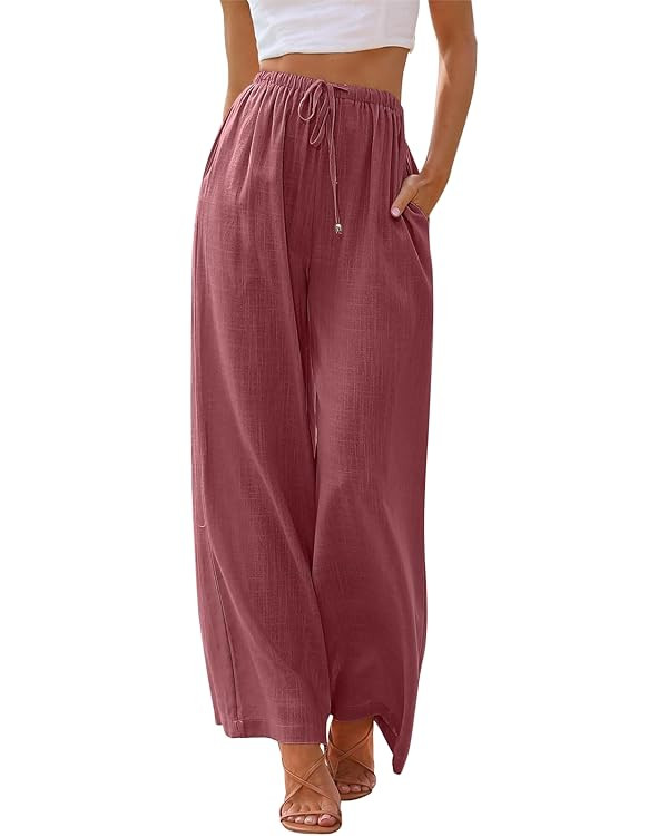 LILLUSORY Women's Linen Summer Palazzo Pants Flowy Wide Leg Beach Pants with Pockets | Amazon (US)