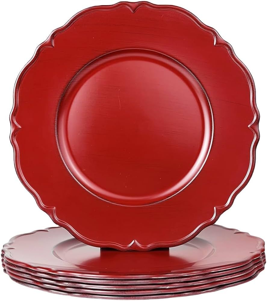 UOEKCS Antique Red Charger Plates Set of 6, 13" Plate Charger for Dinner Plates, Plastic Round ch... | Amazon (US)