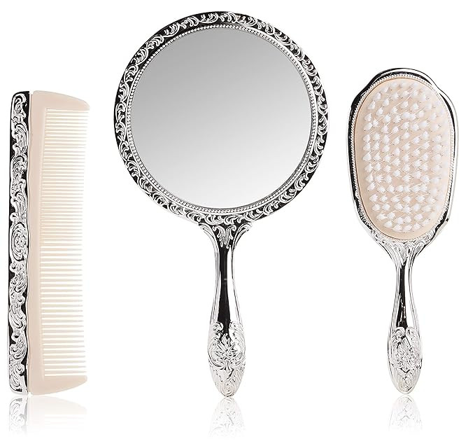 3 pc Silver Chrome Girls Vanity Set Comb Brush Mirror. | Amazon (US)