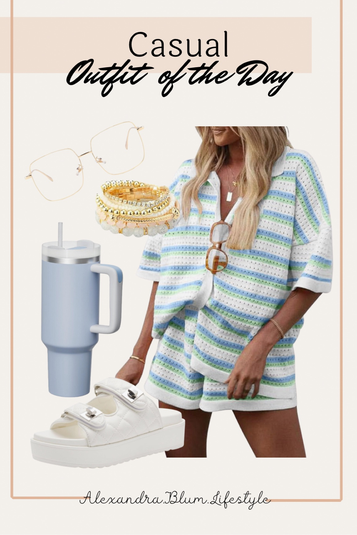 Casual summer outfit perfect for beach and pool outfits! Summer swim cover up! Matching lounge set, platform slide white sandals, blue tumbler, stretch bracelets, and blue light glasses! 

#LTKFindsUnder50 #LTKStyleTip #LTKMidsize