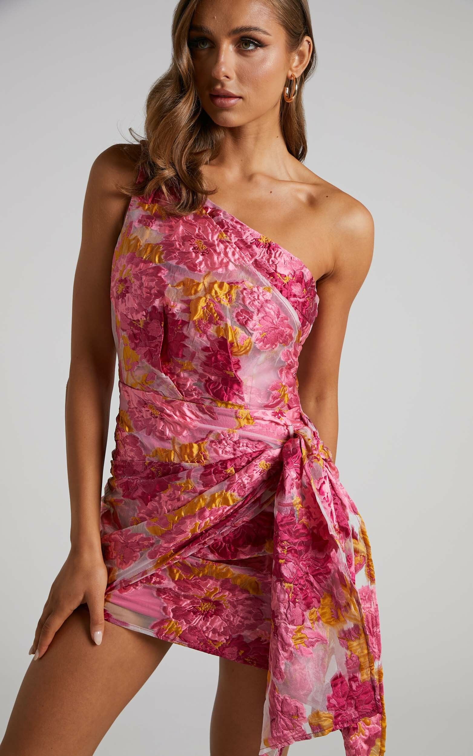 Brailey One Shoulder Wrap Front Mini Dress in Pink Jacquard | Showpo (US, UK & Europe)