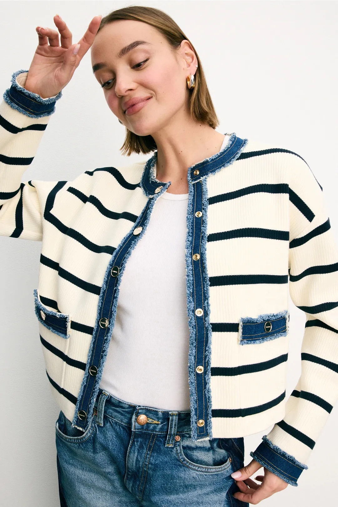 Stripey Cardigan With Denim Details | Rent the Runway