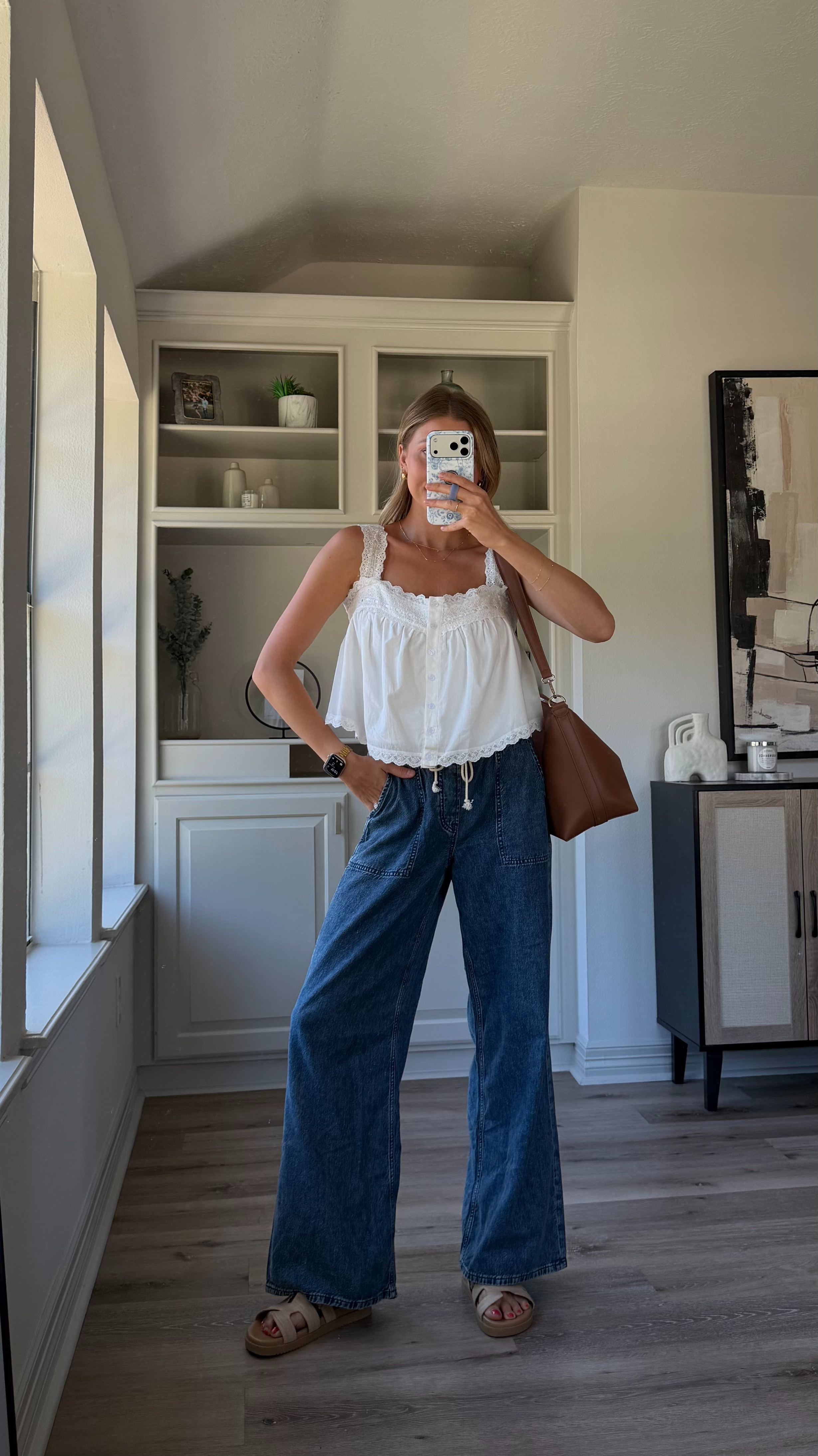 Cute, casual mom outfit | Wearing S in white tank + S regular in drawstring denim!  

 #LTKdayinmylife #LTKootd