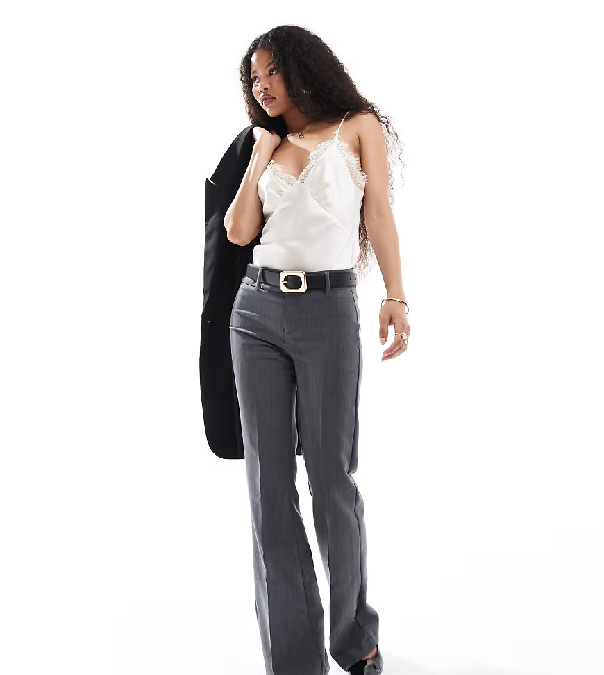 Bershka Petite flared tailored trousers in dark grey | ASOS (Global)