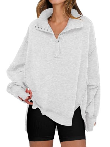 ANRABESS Women's Sweatshirts Oversized Casual Loose Button Up Henley Pullover Top High Low Split 2025 Fall Fashion Outfits Light Grey Medium | Amazon (US)