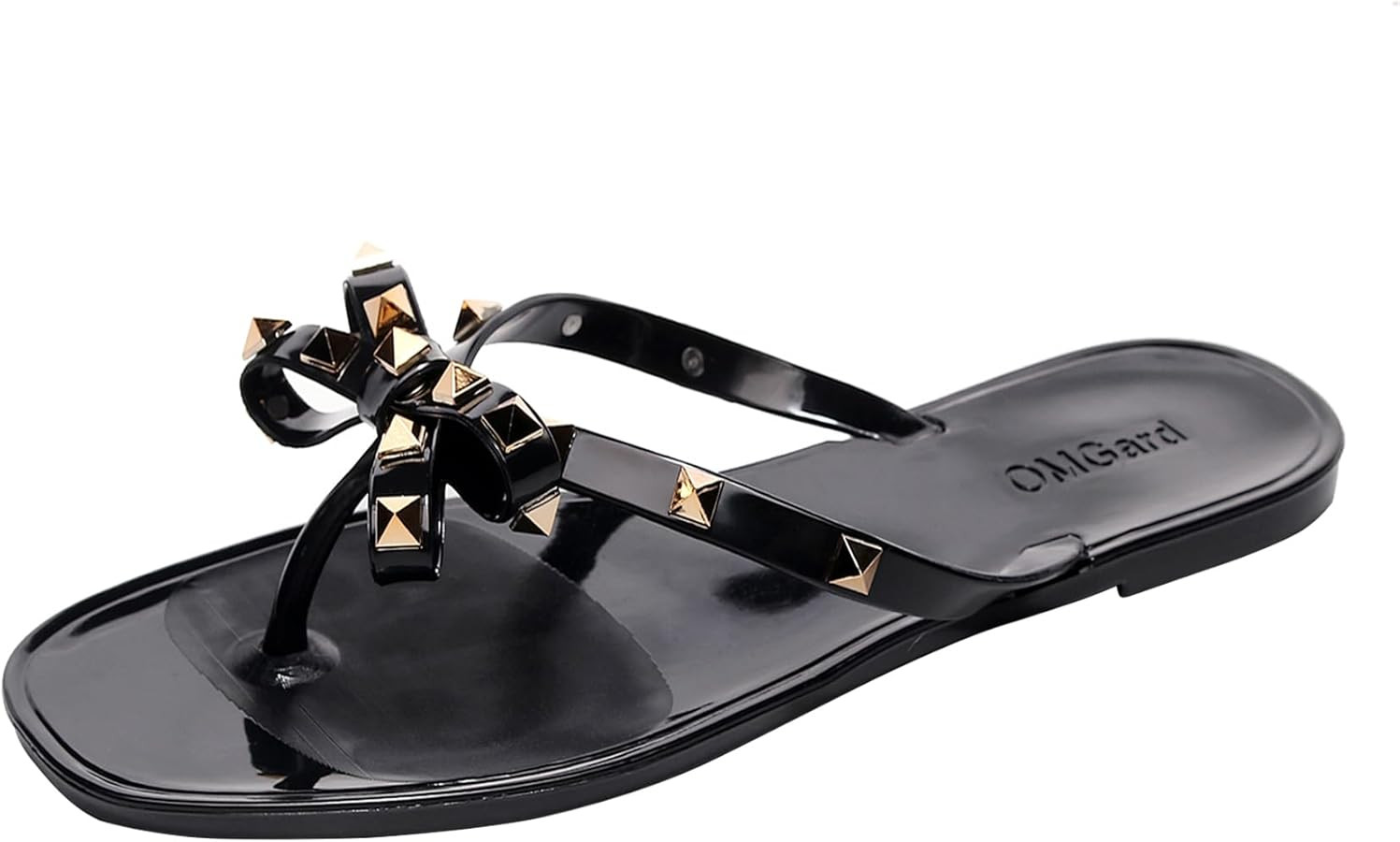 Womens Studded Sandals Bow Flip Flops Jelly Shoes Womens Beige Jellies Flat Size 7, Summer Beach ... | Amazon (US)