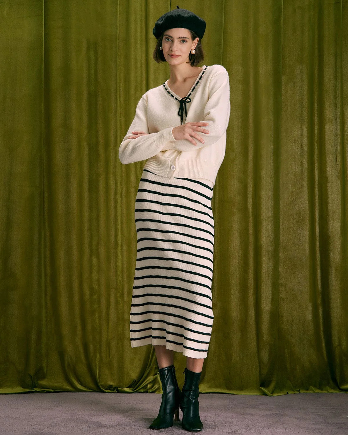 The Beige Elastic Waist Striped Knit Midi Skirt & Reviews - Beige - Bottoms | RIHOAS | rihoas.com