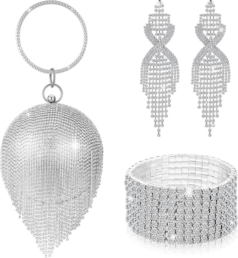 Saintrygo 3 Pcs Silver Clutch Purses for Women Evening Bag Rhinestone Jewelry Set Diamond Bling E... | Amazon (US)