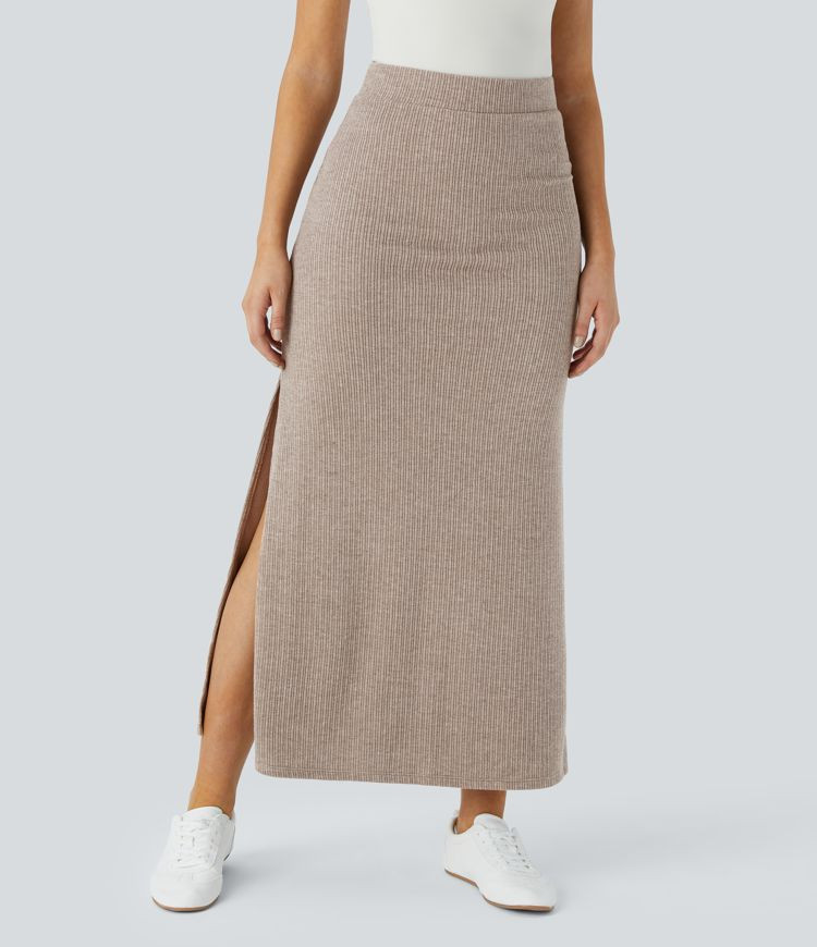 Women’s Ribbed High Waisted Split Hem A Line Maxi Casual Skirt - Halara | HALARA