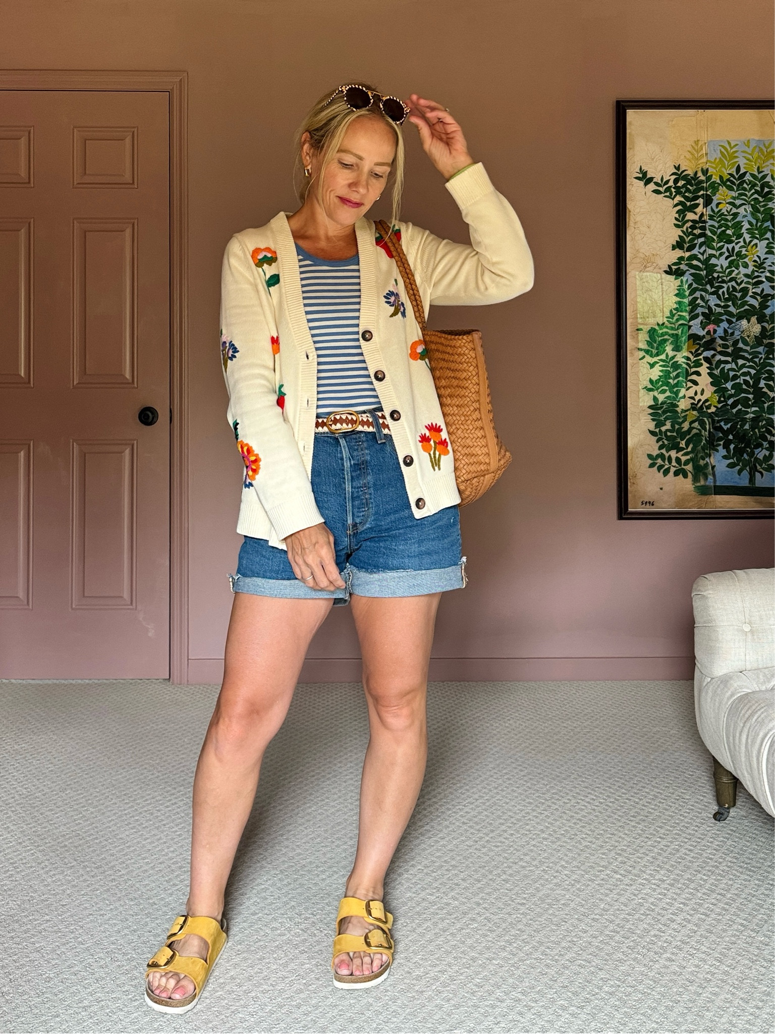 Better than basic everyday casual outfit - raffia belt, yellow big buckle Birkenstock, Levi’s denim shorts, stripe tank, Boden cardigan summer sweater, everyday madewell tote, krewe check sunglasses 

More outfit ideas and style edits over on clairelately.com 

#LTKShoeCrush #LTKSeasonal #LTKOver40