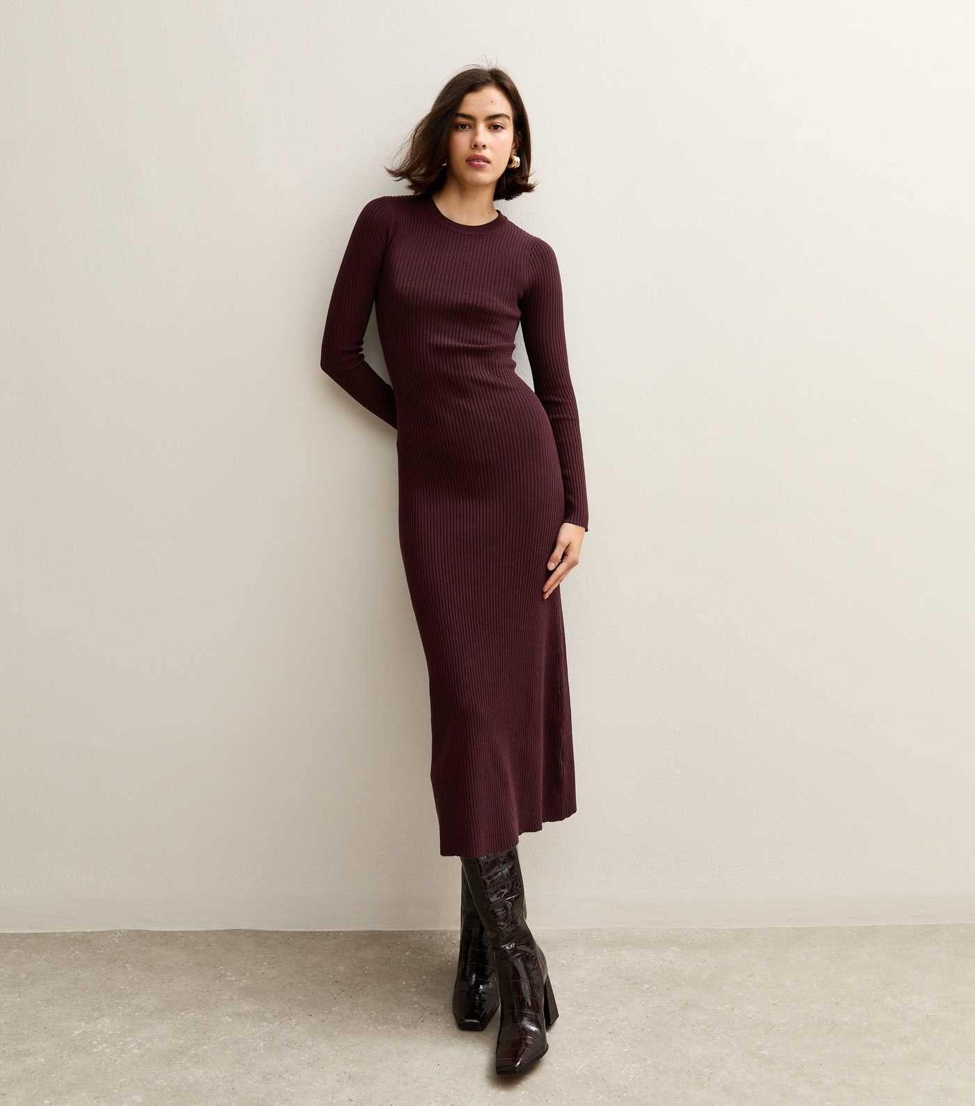 Dark Burgundy A-Line Knitted Midi Dress | New Look | New Look (UK)