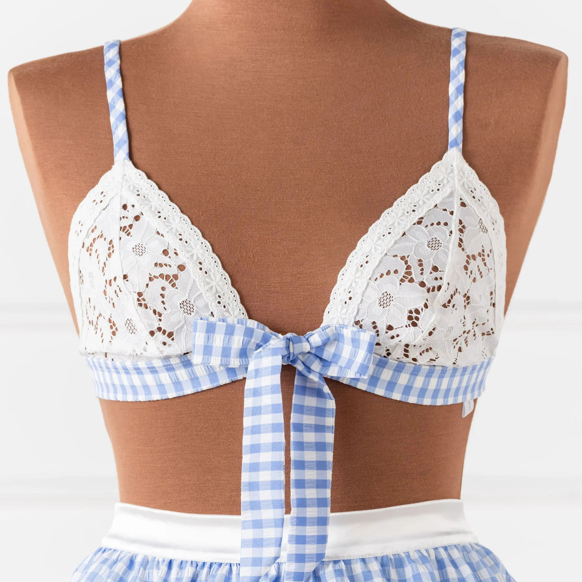 Gingham & Eyelet Lace Bow Bralette - Blue | Mentionables