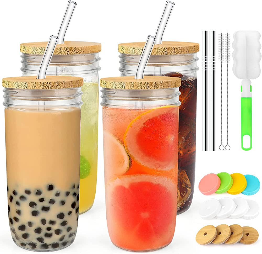 4 Pack Glass Cups Set - 24oz Mason Jar with Bamboo Lids and Glass Straw & 12 Airtight Lids, Brush... | Amazon (US)