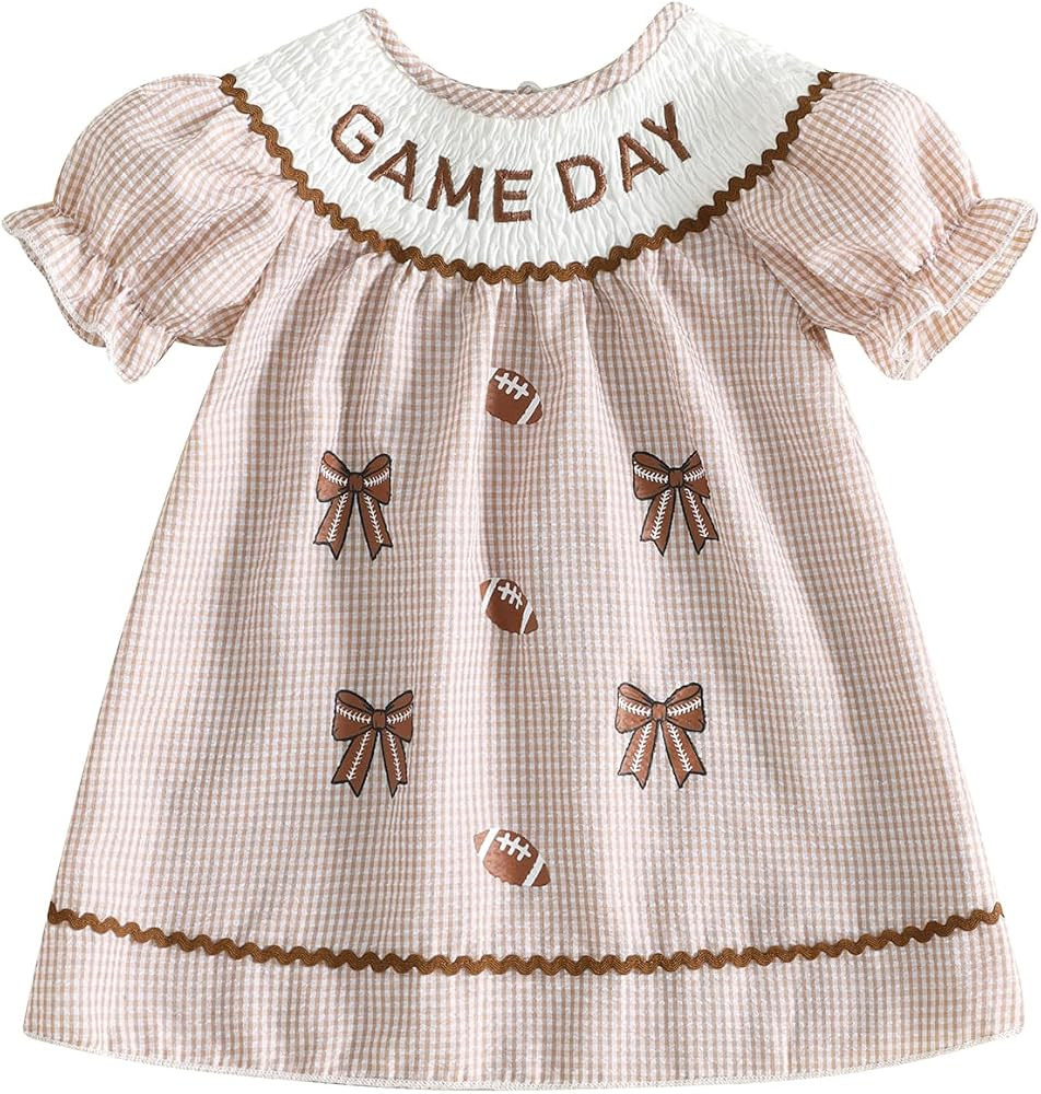 Toddler Baby Girl Football Outfit Embroidery Smocked A-Line Striped Dress | Amazon (US)