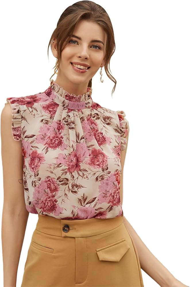 Floerns Women's Floral Print Ruffle Trim Sleeveless Mock Neck Blouse Tops | Amazon (US)