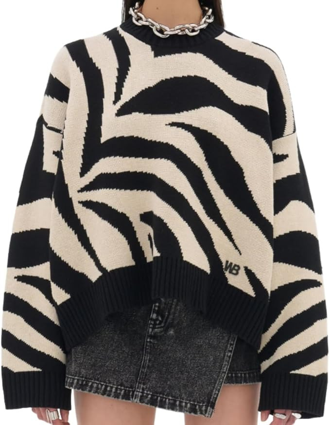 Women's Zebra Print Graphic Sweaters Round Neck Lightweight Warm Long Sleeve Knitted Pullover Kni... | Amazon (US)