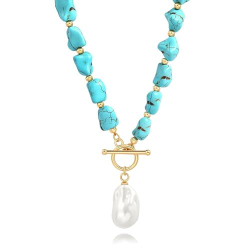 CANEVINKA 18K Gold Plated Bohemian Turquoise Pearl Necklace for Women Chunky Beaded Necklace Big Pearl Jewelry | Amazon (US)
