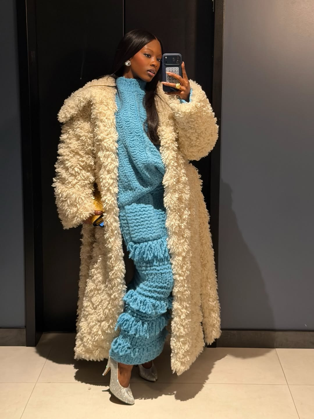 Warm, cozy, and chic in this shaggy long coat and blue sweater set.  

 #LTKdayinmylife #LTKootd