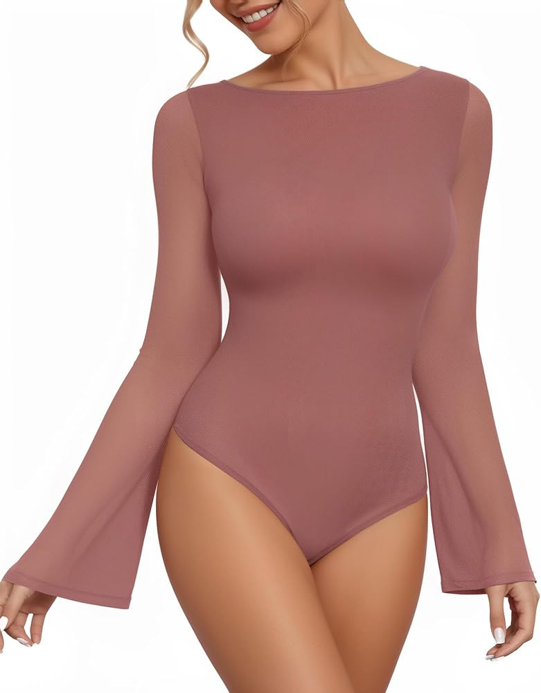 MANGOPOP Women's Boat Neck Bell Sleeve Bodysuit Sexy Sheer Mesh Double Lined Body Suits Going Out... | Amazon (US)