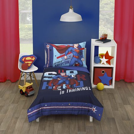 Kids Superman Super Hero in Training Blue & Red Icon 4Piece Toddler Bed Set - Comforter Fitted Botto | Walmart (US)