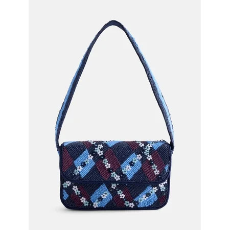 Free Assembly Women's Beaded Argyle Flap Shoulder Bag, Blue | Walmart (US)