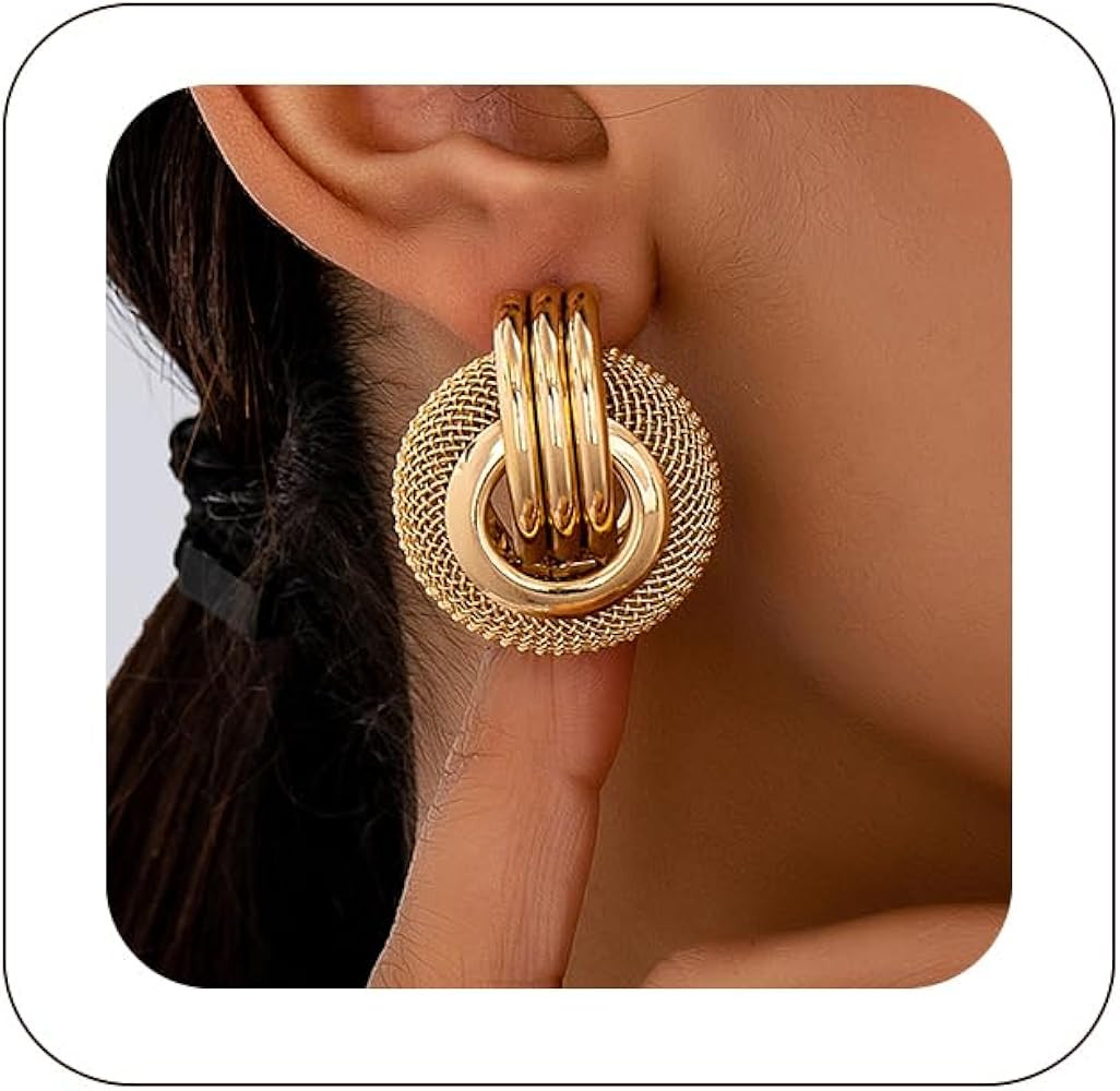 Gold Earrings for Women Trendy Dainty Gold Knot Hollow Earrings Statement Chunky Stud Huggie Earr... | Amazon (US)
