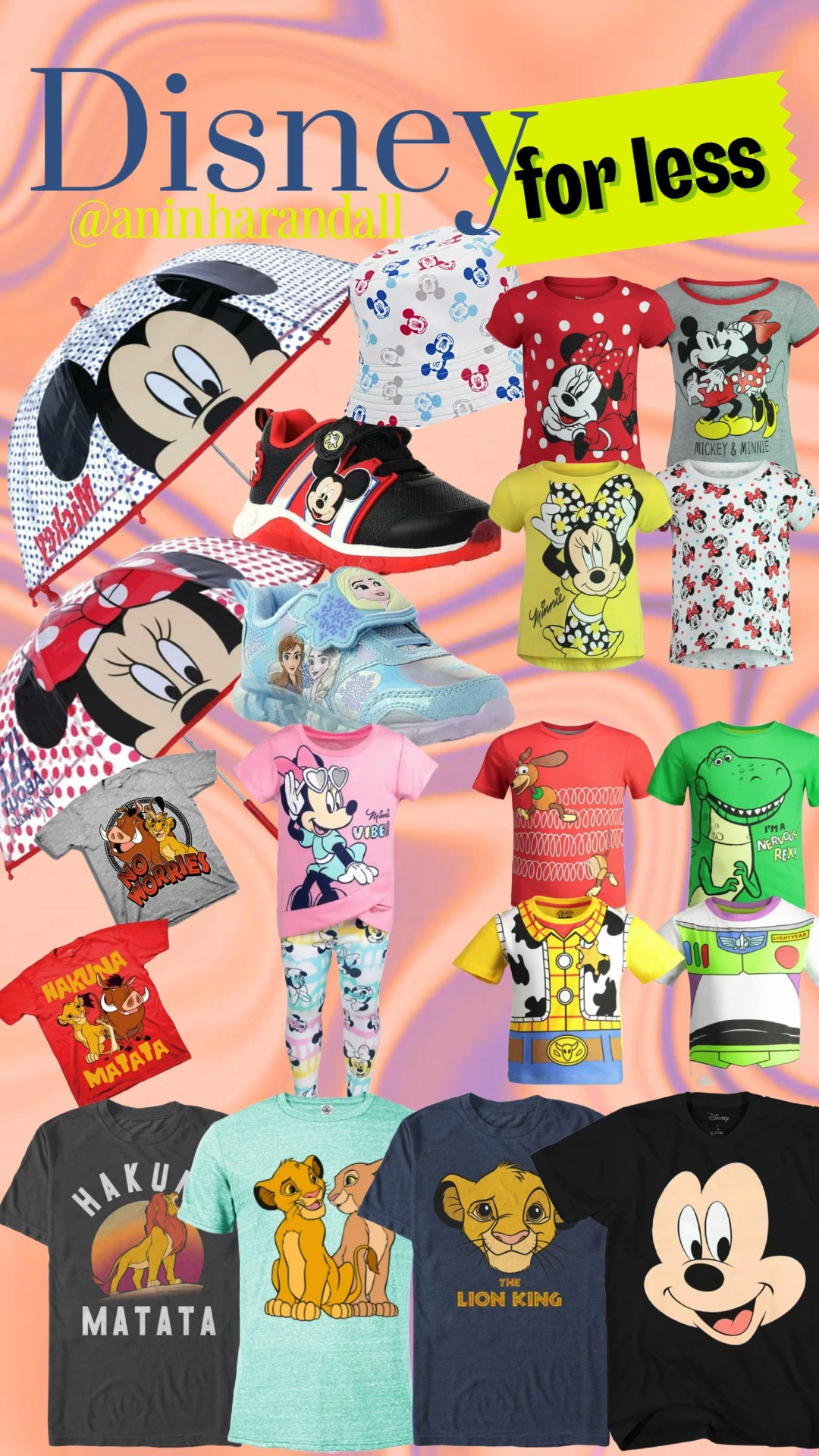Disney for less | Disneyland | Disney sneakers | Mickey sneakers | Disney Frozen sneakers | Mickey umbrella | Minnie umbrella | Lion king shirts | Simba Shirt | Hakuna Matata Shirt | Minnie outfit | Toy Story shirts 

#LTKSeasonal #LTKsalealert #LTKFind