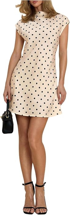 SweatyRocks Women's Satin Polka Dots Mini Dress A Line Mock Neck Cap Sleeve Going Out Dresses | Amazon (US)