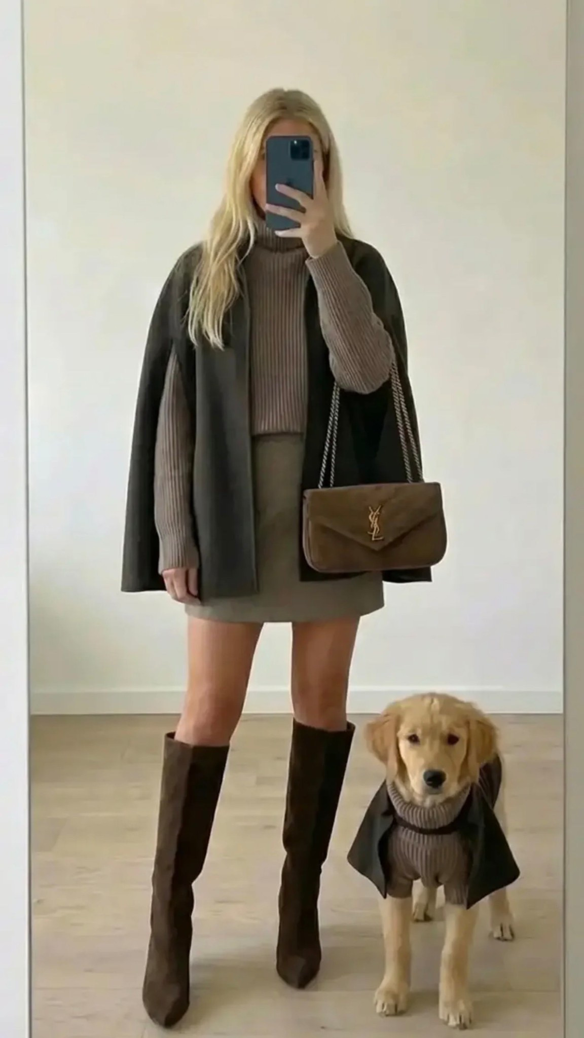 :
chic / neutral / fall fashion / taupe ribbed turtleneck sweater / oversized cape coat / mini skirt silhouette / brown knee-high boots / designer shoulder bag / effortless elegance / minimalist aesthetic / old money style / cozy textures / neutral palette / mirror selfie outfit / golden retriever in matching sweater / stylish dog / luxury casual look / coffee date outfit / autumn aesthetic / Pinterest worthy

Hashtags:
#fallfashion / #neutralaesthetic / #oldmoneystyle / #capsulewardrobe / #minimalstyle / #cozychic / #elegantstyle / #falloutfitideas / #ootdstyle / #kneehighboots / #sweaterweather / #luxurycasual / #pintereststyle / #effortlesschic / #classicstyle / #fallvibes / #dogmomstyle / #goldenretriever / #matchingoutfit / #streetstyleinspo

#LTKSpringSale #LTKdayinmylife #LTKFestival