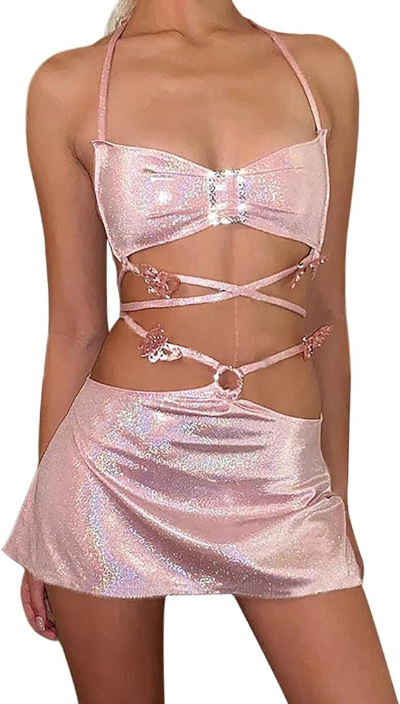 Women’s Glitter Pink 2 Piece Set Halter Crop Top Mini Skirt Backless Bandage Bodycon Club Night Out  | Amazon (US)