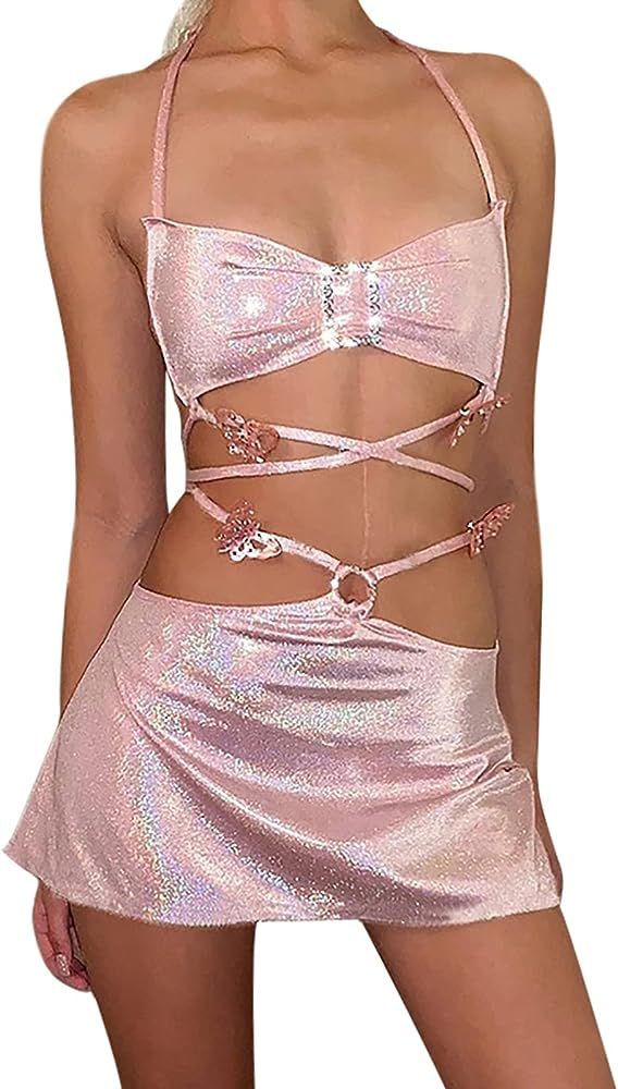 Women’s Glitter Pink 2 Piece Set Halter Crop Top Mini Skirt Backless Bandage Bodycon Club Night Out  | Amazon (US)