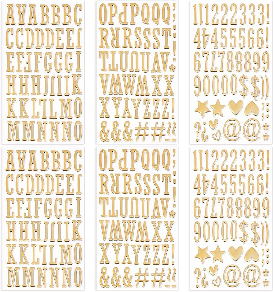 6 Sheets Gold 3D Puffy Letter and Number Stickers, 1 Inch Metallic Alphabet A–Z & 0–9, Self-A... | Amazon (US)