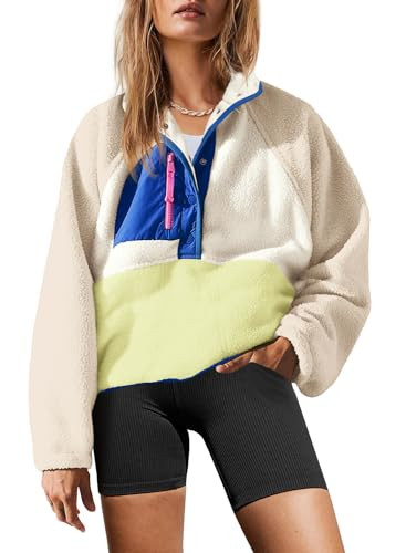 Yanekop Womens Fuzzy Fleece Pullover Sherpa Sweatshirt Long Sleeve Button Down Sweater Winter Fleece Jacket with Pockets(Beige Khaki Blue,L) | Amazon (US)