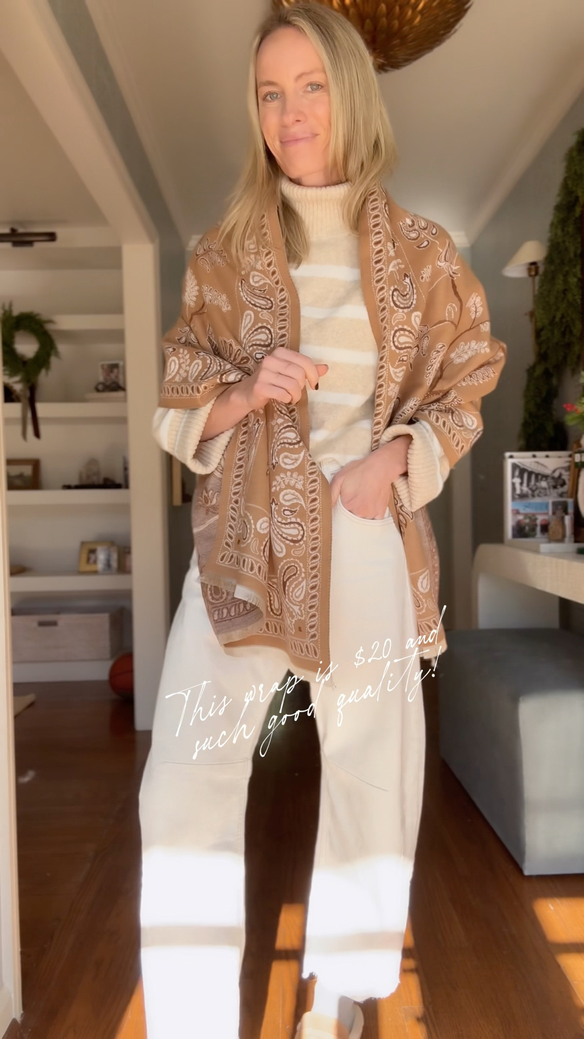 This Amazon wrap!!! I love. The quality feels like a cashmere and the print has bandana vibes mixed with classic paisley accents. Seriously good. Don’t miss the under $100 jeans and Walmart sweater too! 