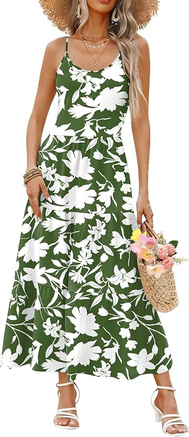 Zeagoo Womens Summer Long Dress Adjustable Spaghetti Strap Floral Casual Dress with Pockets Flowy... | Amazon (US)